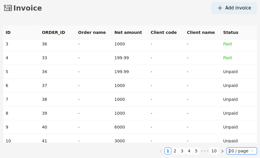 Admin invoice screenshot